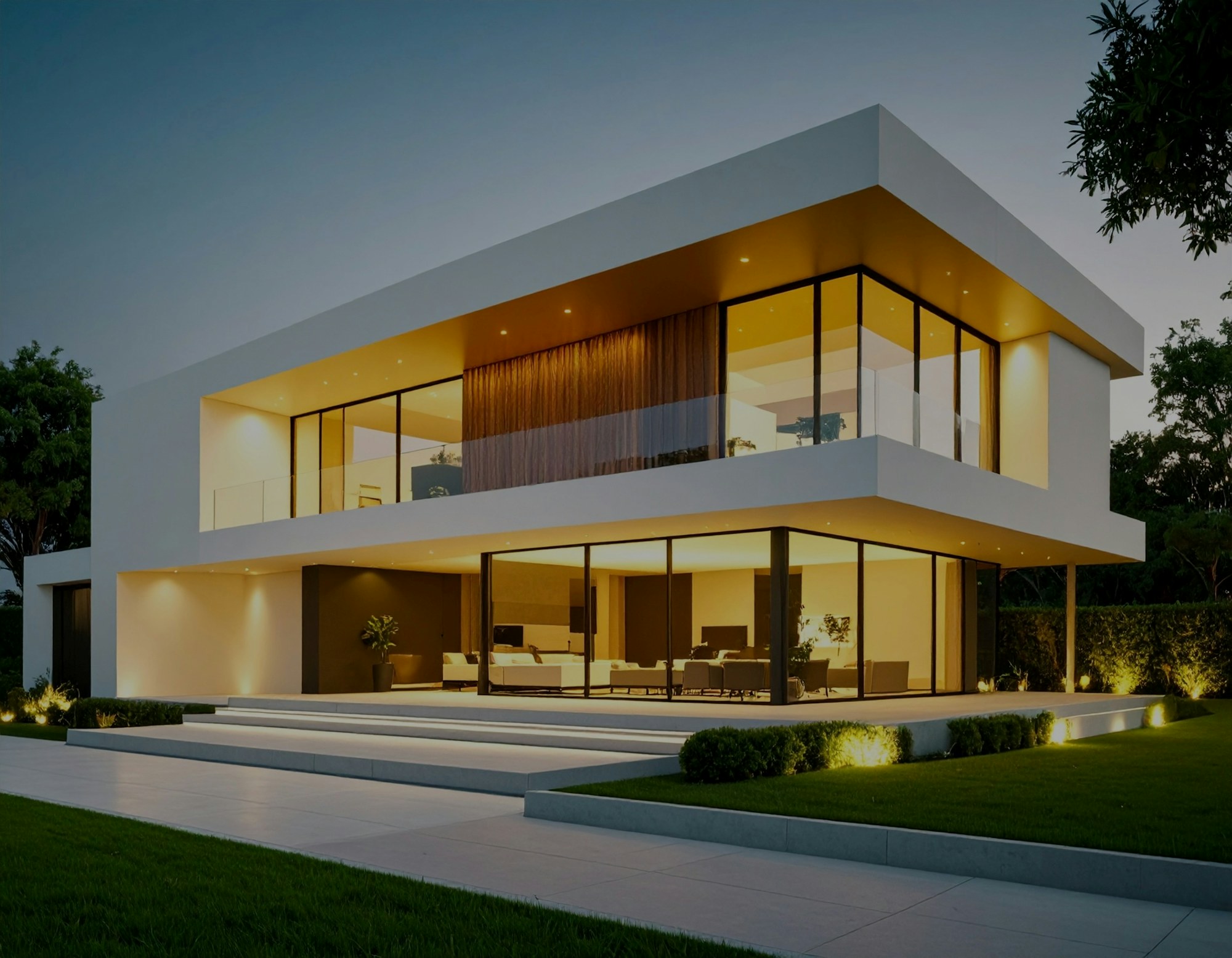 A modern white house centred in frame with warm exterior and garden lighting at dusk