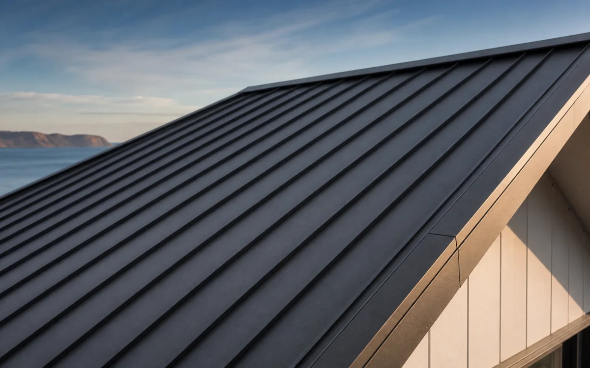 Close architectural view of a finished charcoal long-run metal roof