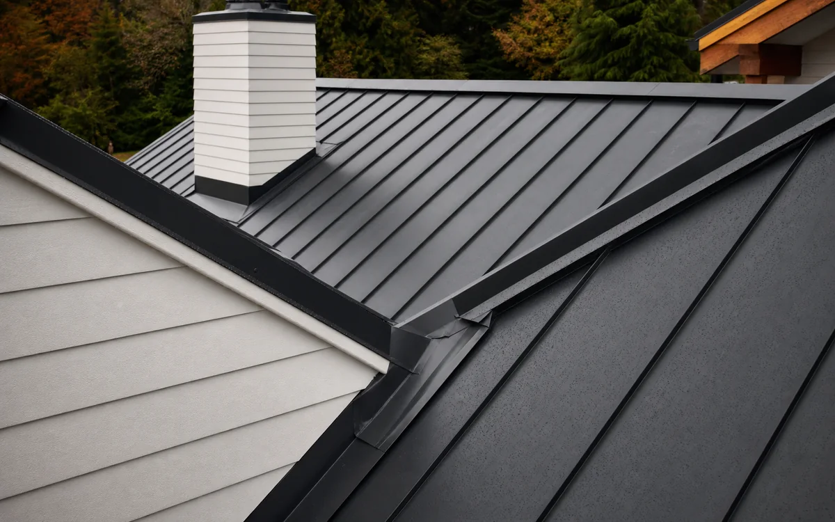 Detailed charcoal metal roofing and flashing at a repaired roof junction