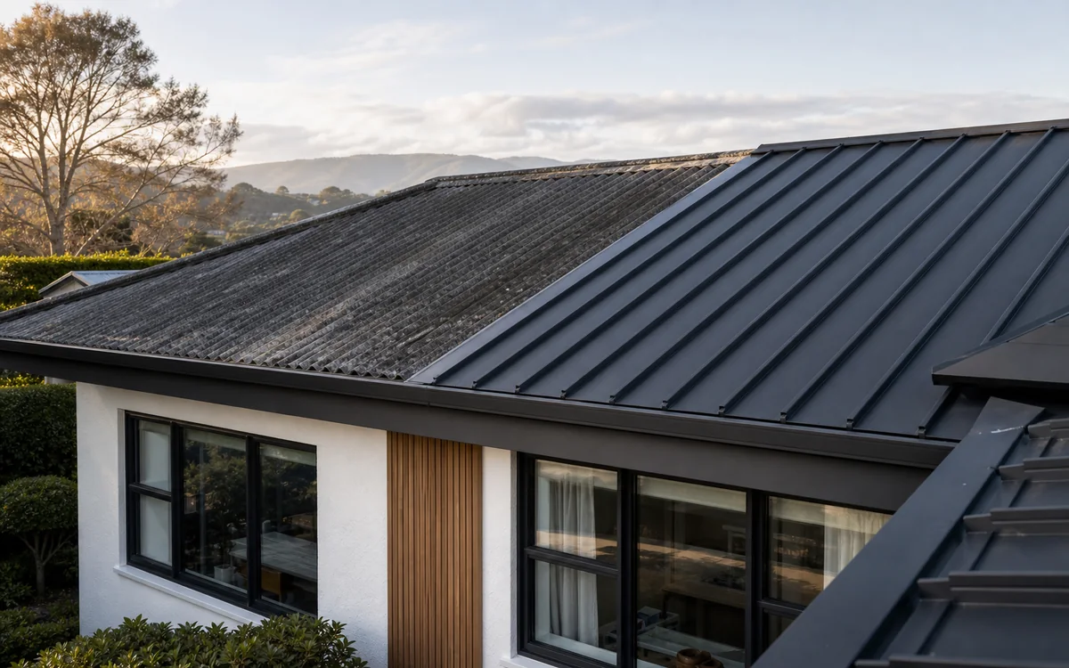 A weathered residential roof transitioning into newly installed charcoal metal roofing
