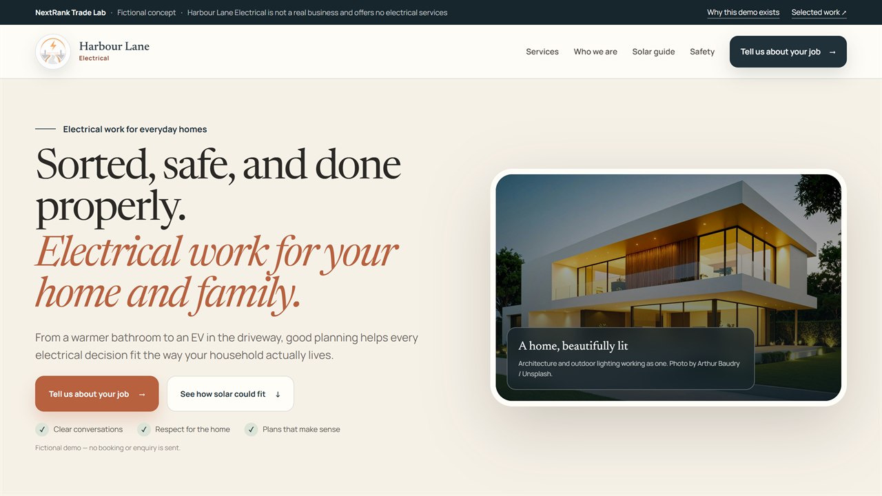 Harbour Lane Electrical concept showing a warmly lit family home and local electrician at dusk
