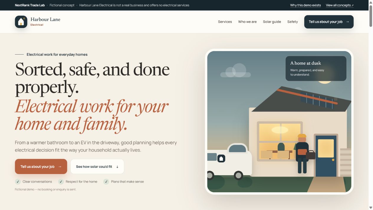 Harbour Lane Electrical concept showing a warmly lit family home and local electrician at dusk