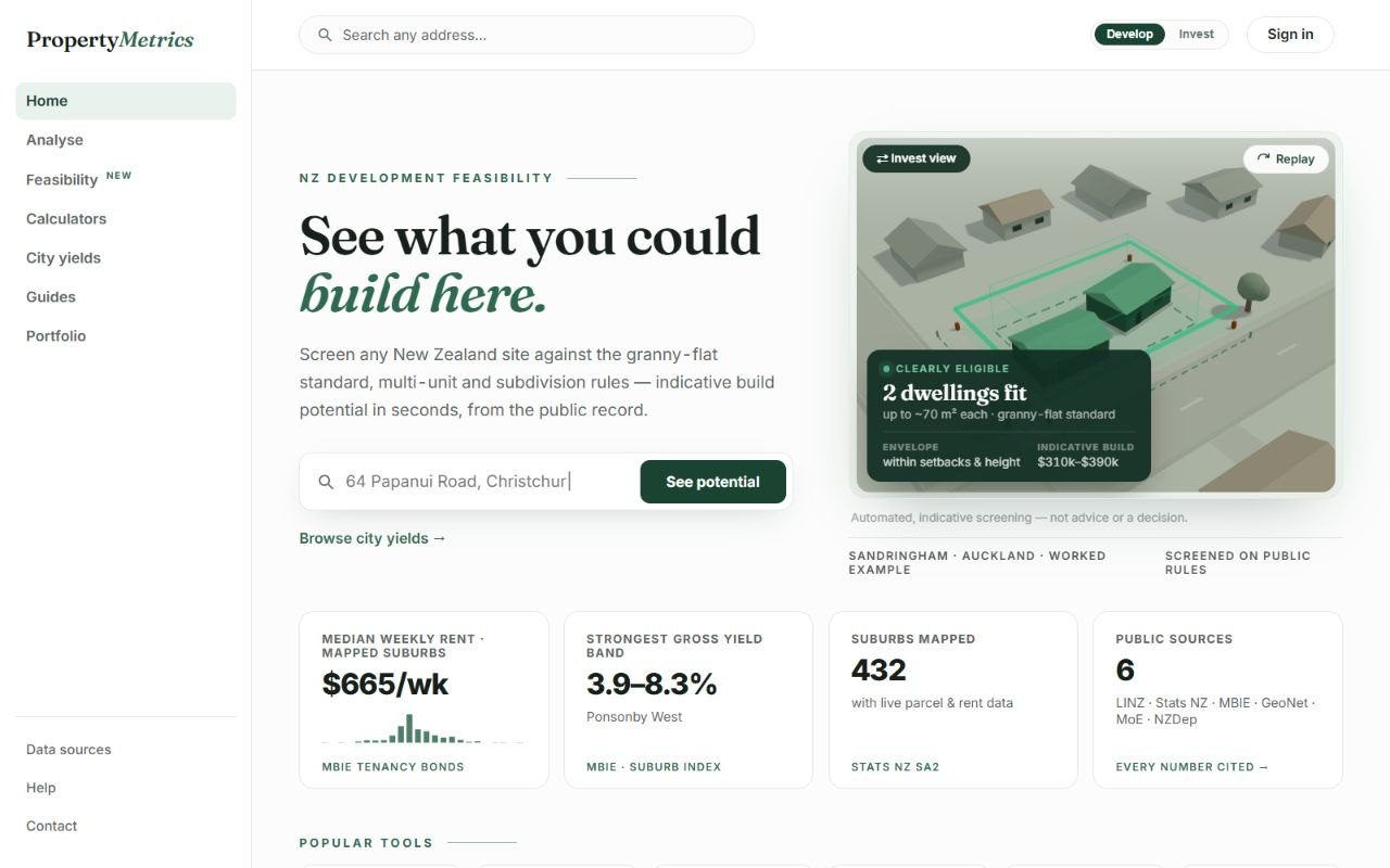 Actual PropertyMetrics interface with address search, development feasibility and source-linked property tools