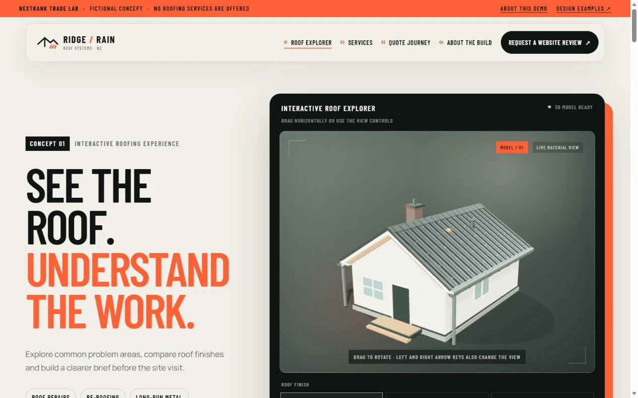 Actual Ridge and Rain website with an interactive roof model and roofing service introduction