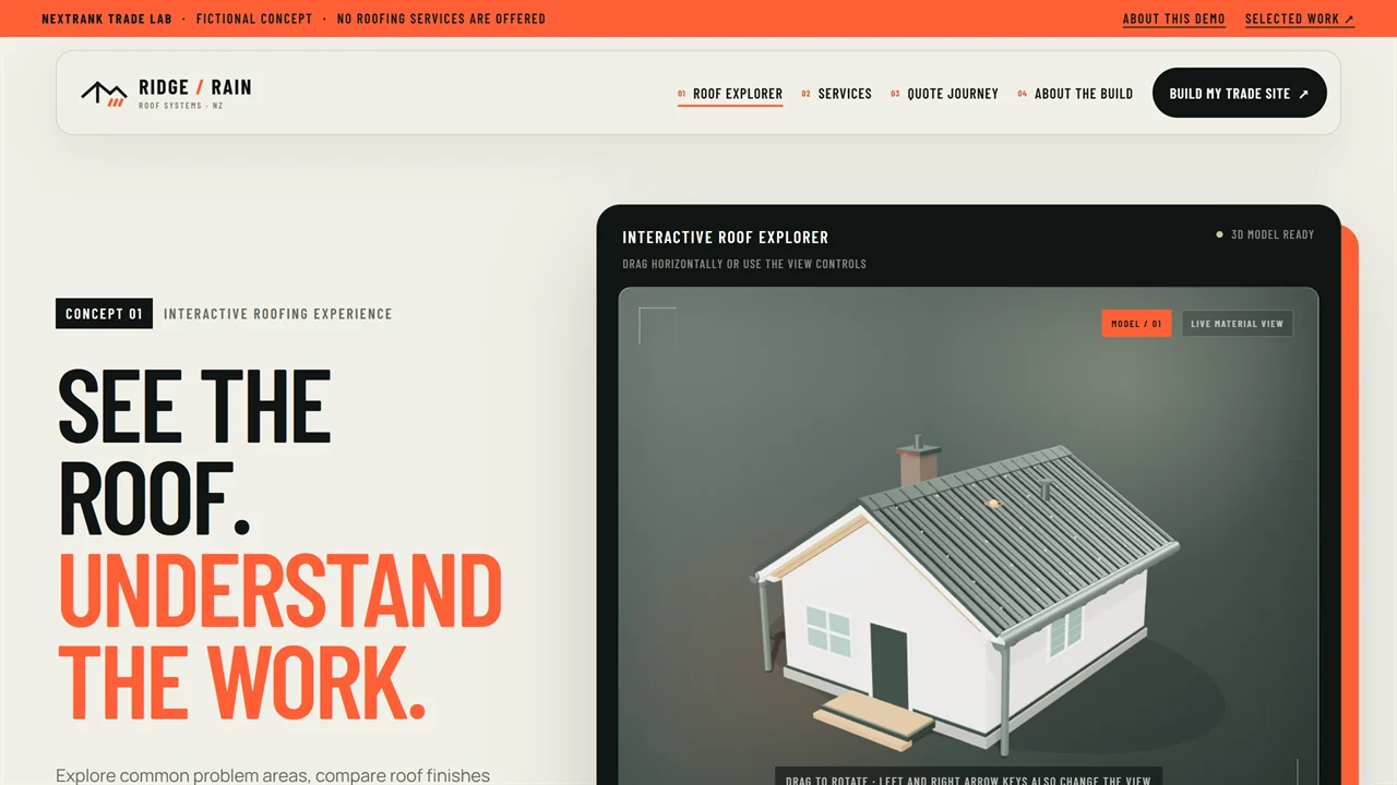 Ridge and Rain demo homepage showing its headline, navigation and interactive roof explorer