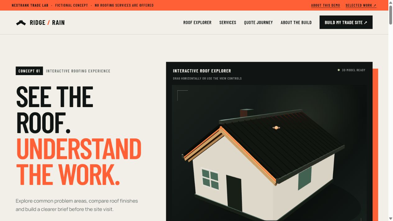 Ridge and Rain demo homepage showing its headline, navigation and interactive roof explorer